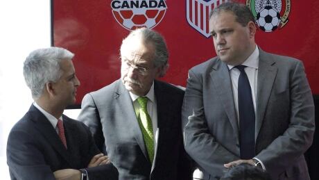 Sunil Gulati, left, President of the United States Soccer Federation, Decio de Maria, centre, President of the Mexican Football Federation, and Victor Montagliani, President of CONCACAF, are getting a late challenge from Morocco for the right to host the 2026 World Cup. SOC WCup 2026 Canada 20170706