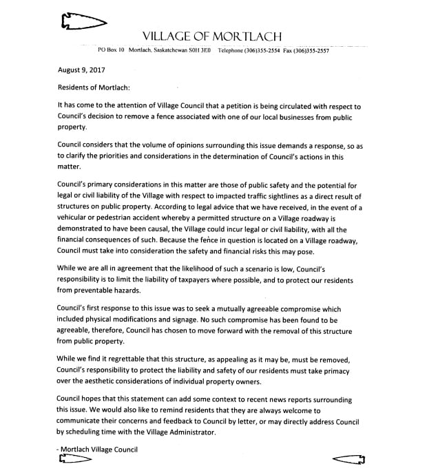Letter from Mortlach Village Council