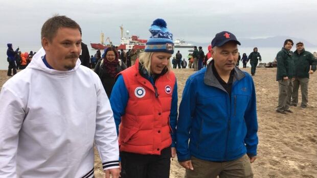 P.J. Akeeagok, president of the Qikiqtani Inuit Association, Catherine McKenna, minister of environment and climate change and minister responsible for Parks Canada, and Joe Savikataaq, Nunavut's environment minister were in Pond Inlet, Nunavut, on Thursday for the announcement on the final boundary of a national marine conservation area in Tallurutiup Imanga/Lancaster Sound.