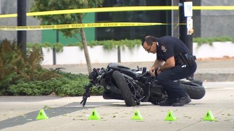 A motorcycle lies on the ground after the crash just across from Jack Poole Plaza. Fatal crash on the set of Deadpool 2