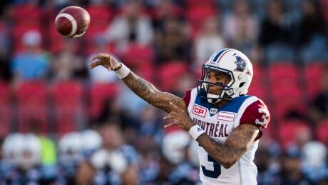 Vernon Adams Jr. is seen in action with the Montreal Alouettes against the Toronto Argonauts during a pre-season game in Toronto on June 8. adams-vernon-cfl-050817-620