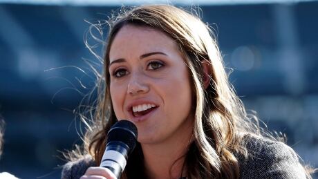 Amanda Hopkins talks on a panel on women in baseball before a baseball game between the Seattle Mariners and the Baltimore Orioles in Seattle. hopkins-amanda
