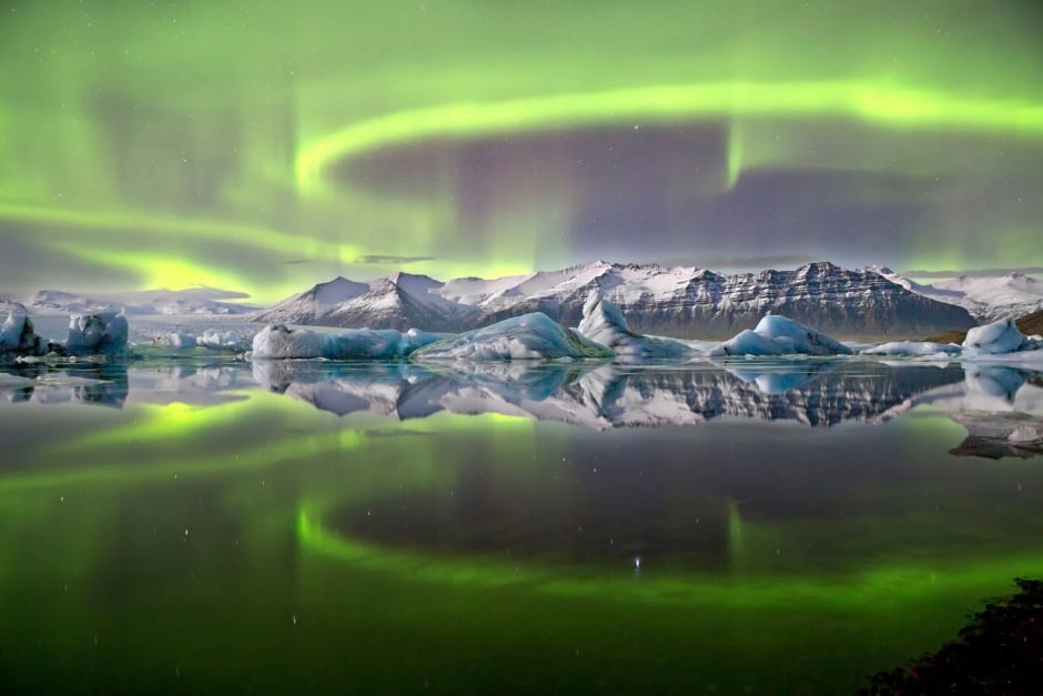 Aurora over a glacier lagoon, James Woodend