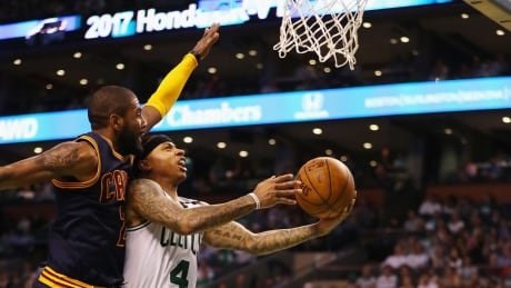 Boston Celtics' Isaiah Thomas drives to the basket against Cleveland's Kyrie Irving during an Eastern Conference final game. irving-thomas