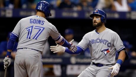 Toronto Blue Jays' Kevin Pillar, right, celebrates with on-deck batter Ryan Goins after Pillar hit a solo home run off Tampa Bay Rays relief pitcher Tommy Hunter during the eighth inning. blue-jays-rays