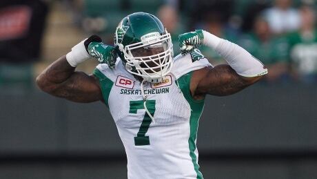 Roughriders' Willie Jefferson celebrates a blocked kick against the Eskimos during Saskatchewan's 54-31 win on Friday, in Edmonton. FBO CFL ROUGHRIDERS ESKIMOS 20170825