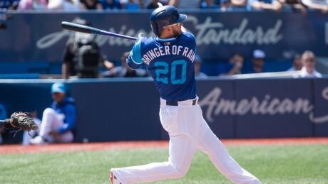 Toronto Blue Jays' Josh Donaldson hits a two-run home run against the Minnesota Twins during in the fifth inning in Toronto on Saturday. donaldson-josh-082617-620
