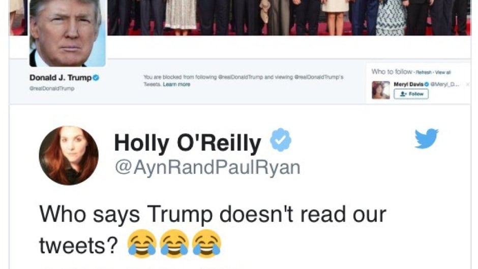 A screenshot of Holly O'Reilly's reaction to being blocked by Donald Trump on Twitter.