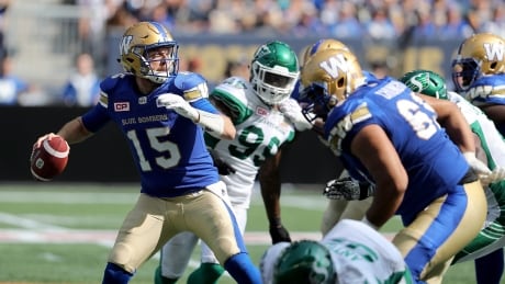 QB Matt Nichols of the Blue Bombers looks to pass during Winnipeg's 48-28 win against the Saskatchewan Roughriders on Saturday. Roughriders-Bombers-09092017