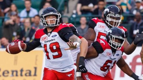 QB Bo Levi Mitchell of the Calgary Stampeders makes a pass during CFL action against the Edmonton Eskimos on Saturday. Stampeders-Eskimos-09092017