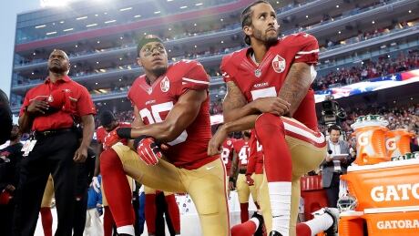 In this Monday, Sept. 12, 2016, file photo, San Francisco 49ers safety Eric Reid (35) and former quarterback Colin Kaepernick (7) kneel during the national anthem. Reid continued the protest on Sunday without Kaepernick. 49ers Reid Protest Football