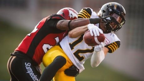 Tiger-Cats wide receiver Mike Jones, right, was suspended two games on Tuesday for a positive drug test. The Toronto-born wideout has 25 receptions for 267 yards in 11 appearances this season. FBO CFL Tiger-Cats Mike Jones