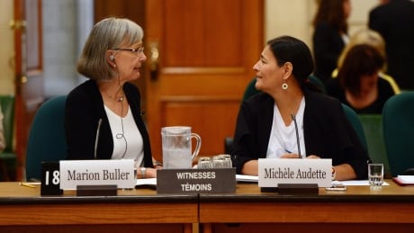 Commissioners of the National Inquiry into Missing and Murdered Indigenous Women and Girls Marion Buller and Michèle Audette appear as witnesses at a house of commons committee on Parliament Hill. Commissioners 20170921