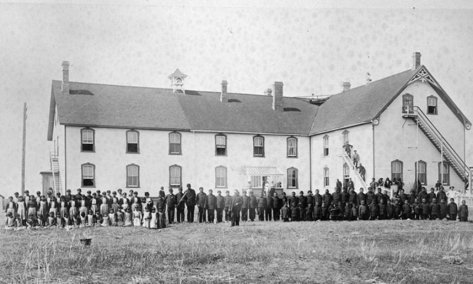 Battleford Industrial School and students on sport day, 1895