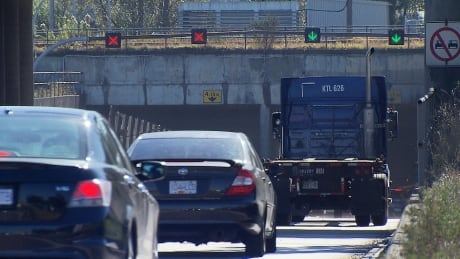Traffic passing through the George Massey tunnel on Highway 99 in British Columbia's Lower Mainland. Massey Tunnel