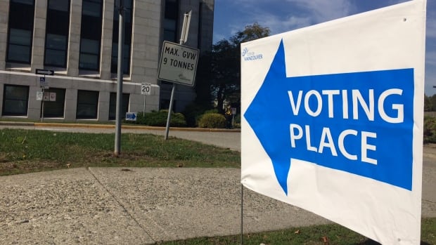 A white and blue sign with an arrow that says 'Voting Place.'