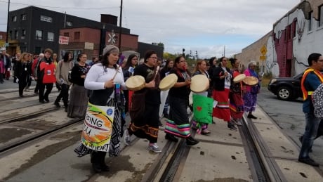 More than 60 people participated in the Sisters in Spirit Vigil in Sudbury, Ont. The group held a drum circle in Memorial Park and then marched to the N'Swakamok Native Friendship Centre on Pine Street. Sisters in Spirit Sudbury