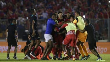 Panama's soccer players celebrate qualifying for the 2018 Russia World Cup on Tuesday following a 2-1 victory over Costa Rica. fifa-world-cup-panama-costa-rica-101017-620
