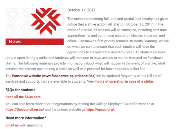 Fanshawe College letter to students