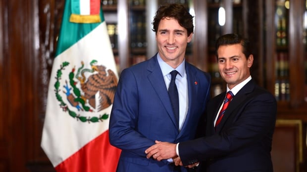 Mexican President Enrique Pena Nieto, right, shakes hands with Prime Minister Justin Trudeau during a meeting in Mexico City back in October. Both men are hoping NAFTA survives its ongoing renegotiations.