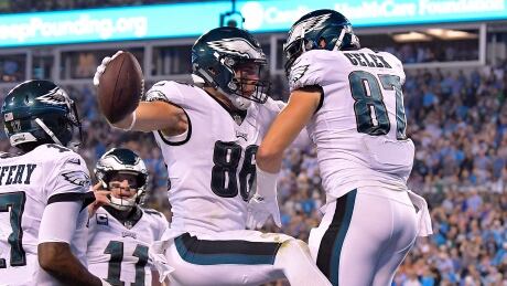 Zach Ertz, third from left, celebrates after scoring a touchdown to help lead the Philadelphia Eagles to a 28-23 win over the Carolina Panthers on Thursday.
Panthers-Eagles-1210217