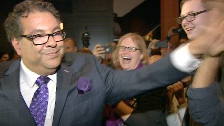 Mayor Naheed Nenshi is greeted by supporters after being re-elected on Monday. Naheed Nenshi election night