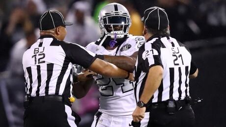 Oakland Raiders running back Marshawn Lynch was suspended for one game Friday after making contact with an official, above, during Thursday night's game against the Kansas City Chiefs. lynch-marshawn-102017