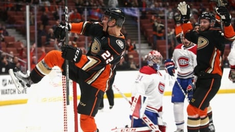 Dennis Rasmussen, left, of the Ducks reacts after scoring on Carey Price of the Montreal Canadiens during Anaheim's 6-2 win on Friday.
Ducks-Habs-20102017
