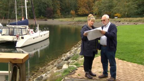 Oydis Nickle and her father Rondy Dike, who own the Marina Steamship Company Marina on Bowen Island consult plans to build floating housing for their workers. Oydis Nickle Rondy Dike owners Union Steamship Company Marina Bowen Island