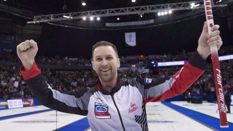 Skip Brad Gushue, pictured above at the men's world curling championships, got off to a winning start at the Grand Slam National. gushue-brad