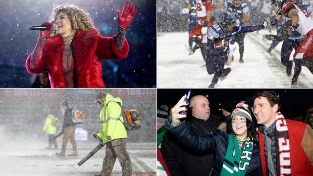 Shania Twain, Justin Trudeau and snow blower at Grey Cup