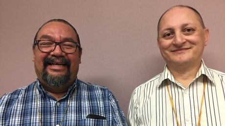 Nathaniel Moses (left) is the cultural resources coordinator at the Thunder Bay Indigenous Friendship Centre. Along with Marco Pasinelli (right), who runs the Kizhaay Anishinaabe Niin domestic assault intervention program at the centre, the two presented a workshop to boys in grades seven to 10 with Lakehead Public Schools and the meaning of being a kind man. Nathaniel Moses Marco Pasinelli