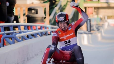 Canada's Alex Gough celebrates her second-place finish in the women's World Cup luge competition in Calgary on Saturday. LUG World Cup Calgary 20171209