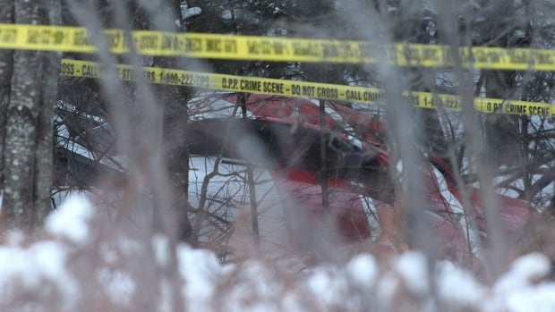 The Hydro One helicopter that crashed Thursday in Tweed, Ont., can be seen in the trees on Thursday, Dec. 14.
