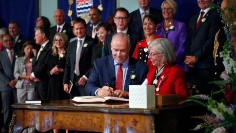 Premier Horgan takes an oath with Lieutenant-Governor Judith Guichon as he's sworn-in as premier at Government House in Victoria on July 18. john horgan swearing in legislature