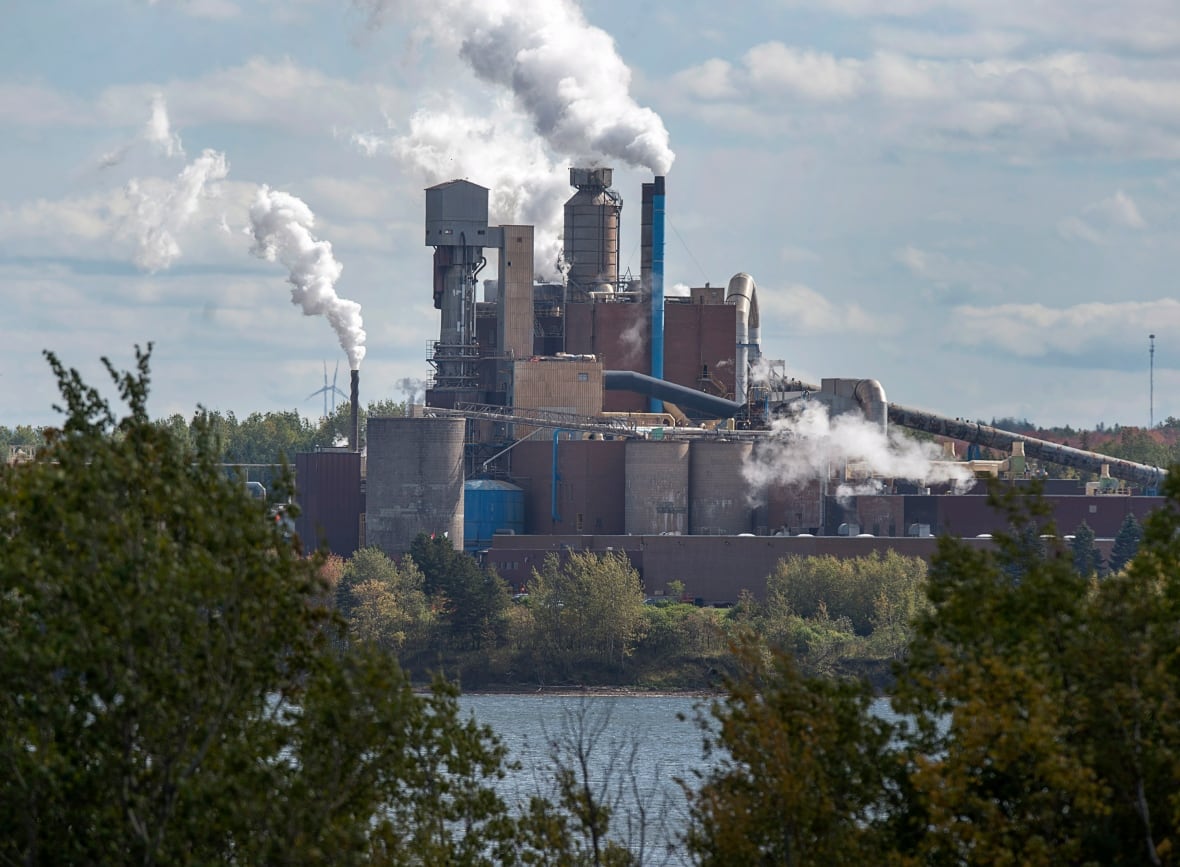 A pulp and paper mill with smoke emanating from the stacks.