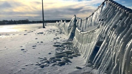 A photograph of a frozen Lac Ste Anne, approximately 60 kilometres west of Edmonton. Alberta beach Lac Ste Anne