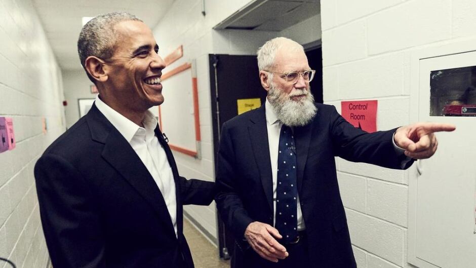 David Letterman backstage with his first guest former U.S. President Barack Obama, on his new Netflix show 'My Guest Needs No Introduction'