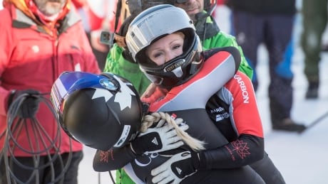 Alysia Rissling, front, and Heather Moyse of Canada earned a fourth-place finish at the bobsleigh World Cup event in St. Moritz, Switzerland on Saturday. rissling-moyse-011318-620