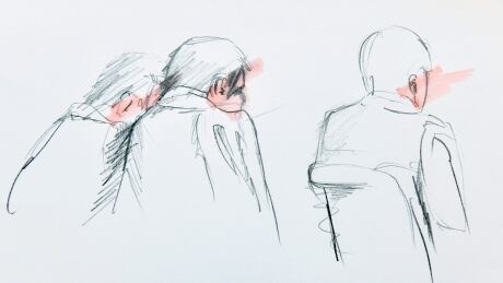 An artist's impression of Uzbek national Rakhmat Akilov, centre, the prime suspect in a Stockholm truck attack, together with his defence counsel during his remand hearing, on Tuesday April 11, 2017, at the Stockholm District Court. Due to security restrictions, no frontal coverage was possible. Sweden Truck Crash