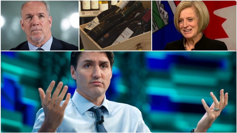 There have been calls for Justin Trudeau to step up after Rachel Notley top right escalated a row with John Horgan top left by banning B.C. wines from being imported into Alberta