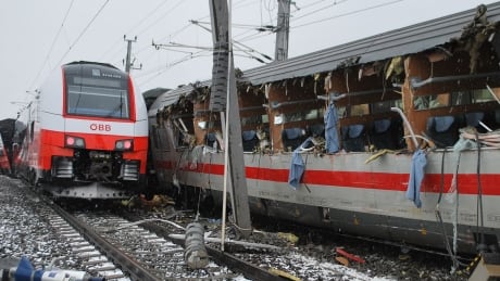 epa06518450 A handout photo made available by Leoben fire brigade showing a view of damaged carriages after two passenger trains collided in Niklasdorf, Austria, 12 February 2018. Reports state at least one person died and 22 others were injured in the crash, including three children. The accident happened near Niklasdorf when a train heading to Saarbruecken in Germany collided with a regional train. The cause of the accident has not yet been determined. EPA-EFE/BFV LEOBEN / SCHOENAUER HANDOUT HANDOUT EDITORIAL USE ONLY/NO SALES AUSTRIA TRANSPORT ACCIDENT