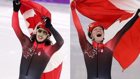 Short track speed skaters Sam Girard, left, and Kim Boutin, right, raised Canada's medal count to 15 on Saturday at the Winter Olympics in South Korea. Girard won gold in the men's 1,000 metres and Boutin was a silver medallist in the women's 1,500. girard-sam-boutin-180217-1180