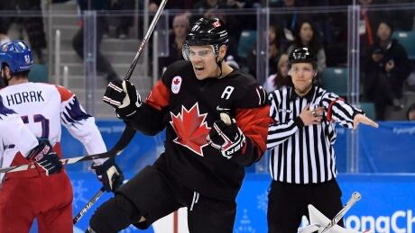 Rene Bourque celebrates one of his three goals for Canada in the preliminary round.
Bourque-Rene-17022018