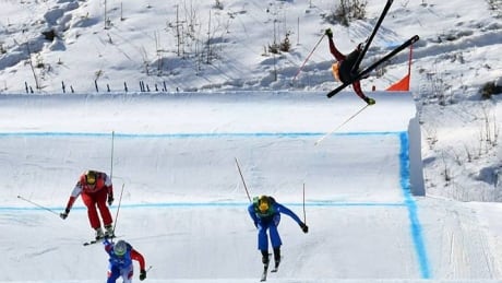 Canada's Chris Del Bosco, top right, crashed trying to make a move into first place in men's ski cross in Pyeongchang on Wednesday. del-bosco-chris-022118