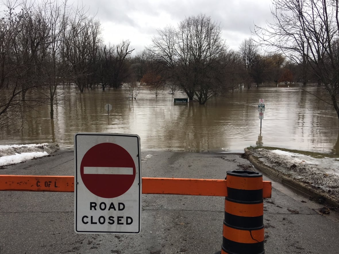 You may not recognize it, but this is the parking lot of the Grosvenor Street entrance to Gibbons Park. Look closely and you'll see the park's sign half submerged in water from the nearby Thames River.