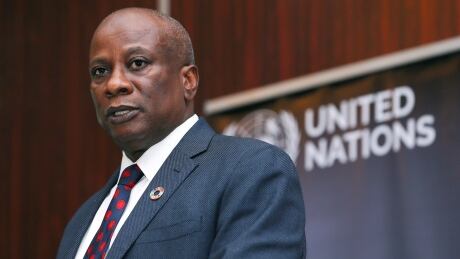 UN Humanitarian Coordinator in Nigeria Edward Kallon speaks during the launch of the 2018 Humanitarian Response Plan for northeast Nigeria in Abuja, Nigeria, on Feb. 8, 2018. NIGERIA-SECURITY