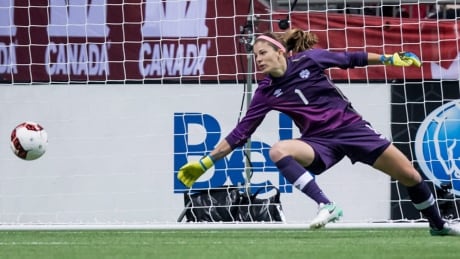 Canadian goalkeeper Stephanie Labbe allows a goal to United States' Alex Morgan during first half women's friendly soccer action in Vancouver on Nov. 9, 2017. Labbe is looking to win a job with the Calgary Foothills FC men's team. SOC USA Canada 20171109