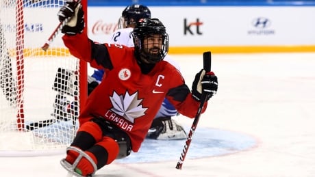 Canadian para ice hockey captain Greg Westlake celebrates after scoring in the semifinals against South Korea. Greg Westlake Para Ice Hockey Semifinals Paralympics