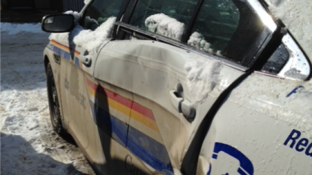 This RCMP cruiser was damaged as the driver of a stolen truck hit it and several other vehicles as it fled police in Red Deer on Friday. 